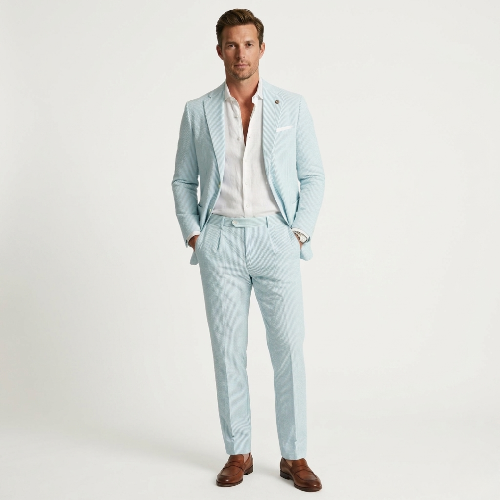Men's slim fit pinstripe summer suit. Two-piece modern formal wear, perfect for weddings & business casual.