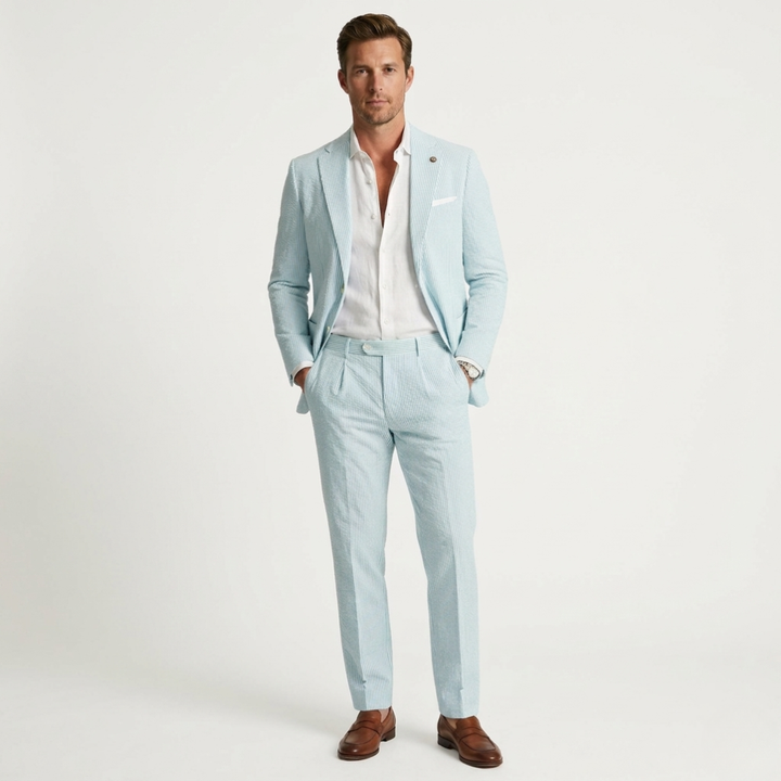 Men's slim fit pinstripe summer suit. Two-piece modern formal wear, perfect for weddings & business casual.