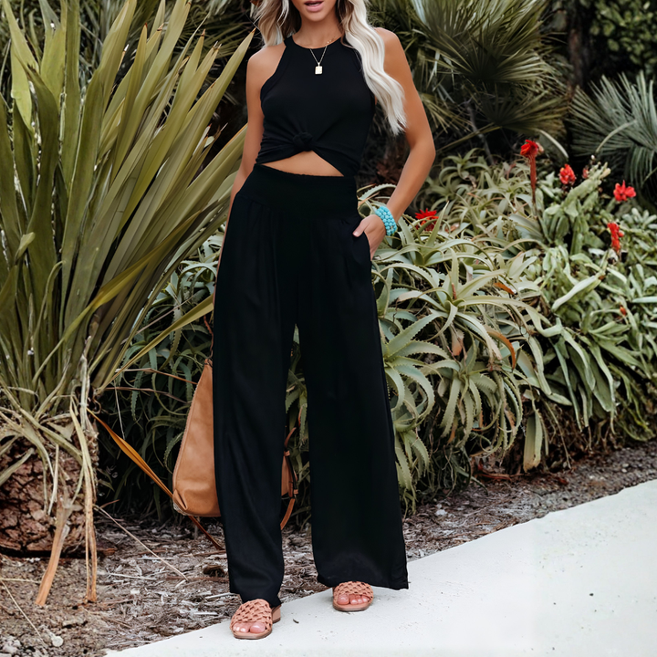 Comfortable high-waist palazzo pants for women, flowy and wide-leg, ideal for summer casual wear.