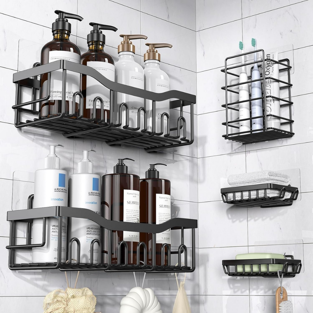 Silver metal shower caddy organizer set, wall-mounted. Adhesive shelves for no-drill bathroom storage.