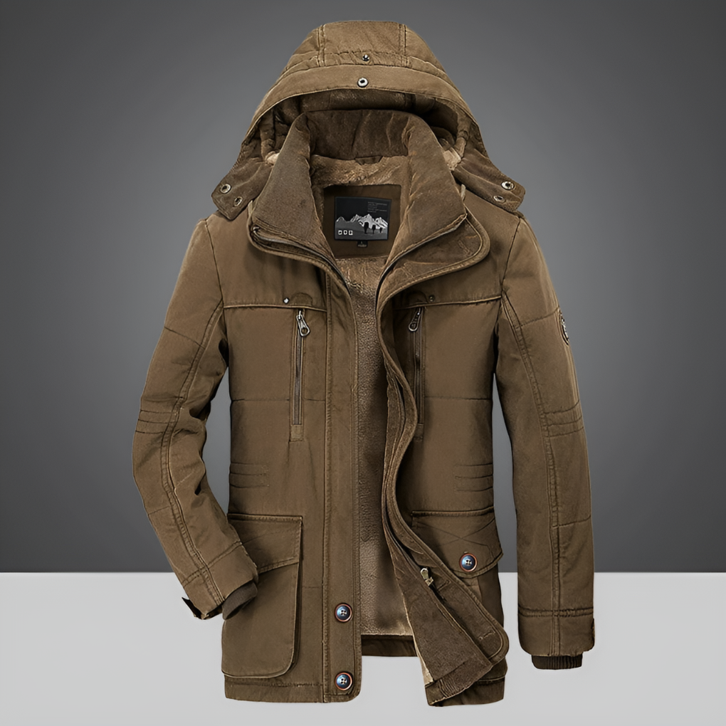 Durable men's insulated winter coat, providing warmth & protection. Features an adjustable hood & reliable zipper.