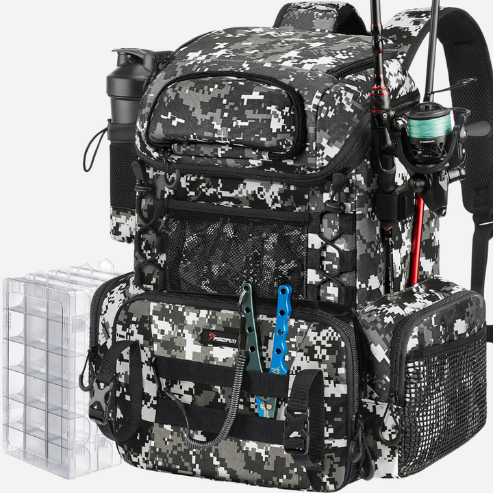 Outdoor unisex tackle backpack for fishing gear storage, travel, and camping essentials.
