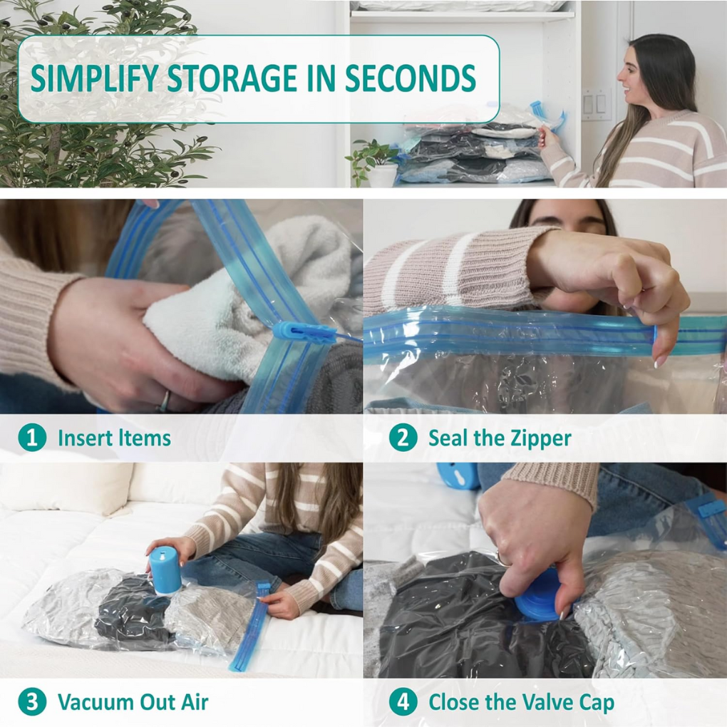 Clear vacuum bags declutter closets, store bulky bedding, seasonal clothes. Portable electric pump ensures max space saving.