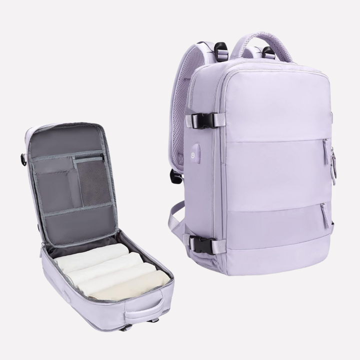 Travel backpack with dedicated wet pocket, ideal for swimwear or dirty gear after adventures.