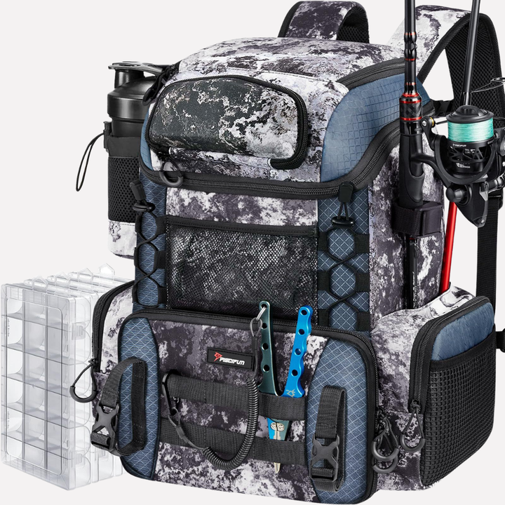 New unisex fishing tackle backpack, designed for outdoor adventures, hiking, & angling gear.