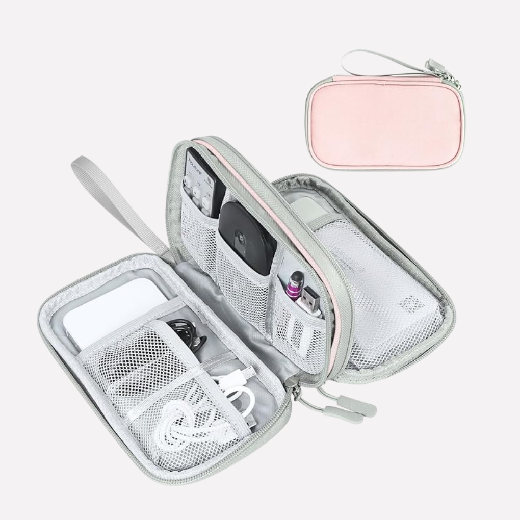 Zippered travel organizer pouch, keeps cables tidy, secure, and accessible.