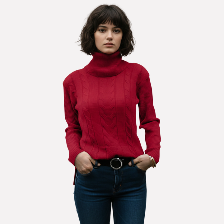 Women's cozy turtleneck pullover sweater, ideal for casual winter layering.