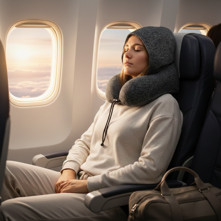 Ergonomic memory foam neck support pillow with soft cover, eye mask & earplugs for restful travel.