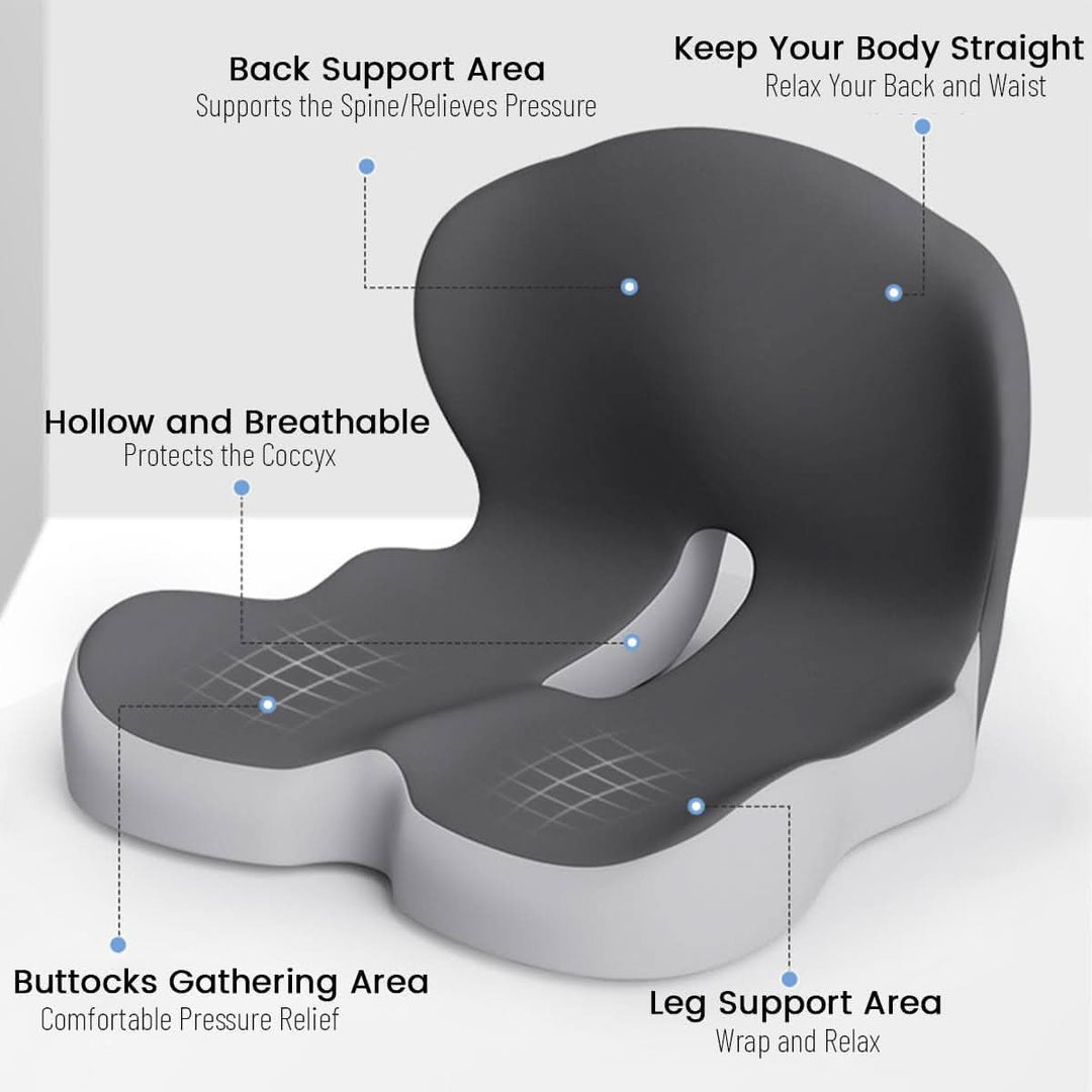 Washable memory foam seat cushion, ergonomic design for back support, posture, & pain relief.