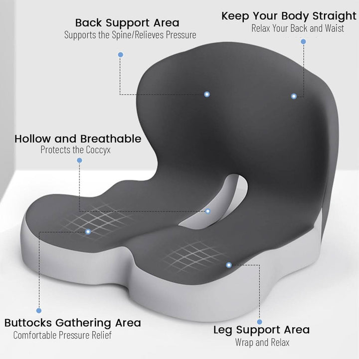 Washable memory foam seat cushion, ergonomic design for back support, posture, & pain relief.