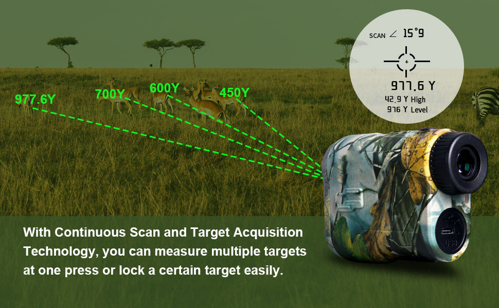 Compact outdoor precision laser rangefinder, rechargeable and accurate, perfect for golf and hunting.
