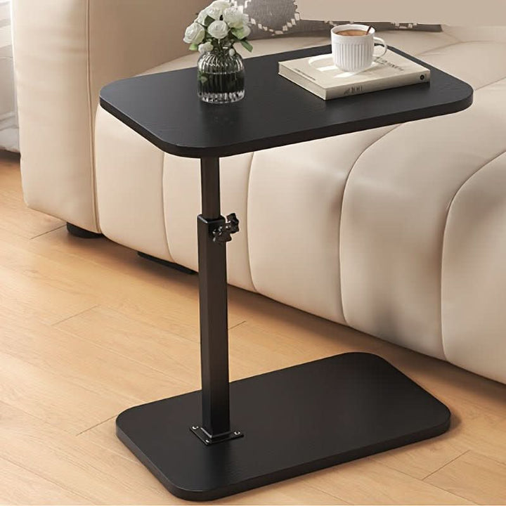 Adjustable portable side table for sofa or bed; modern metal & wood design, space-saving furniture.