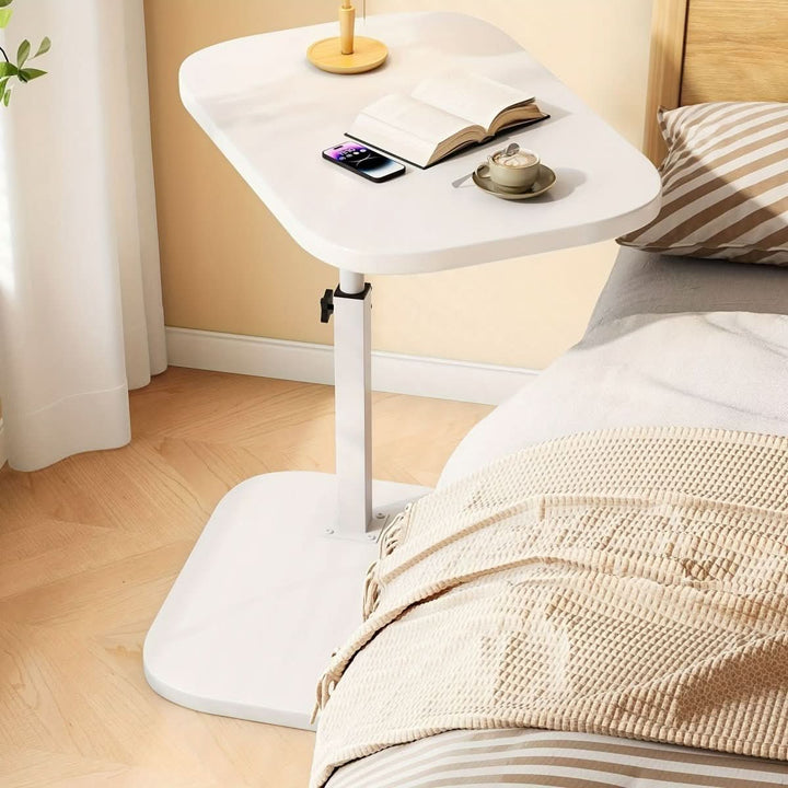Small portable side table with height adjustment. Stylish metal & wood, perfect for laptop or drinks by the sofa.