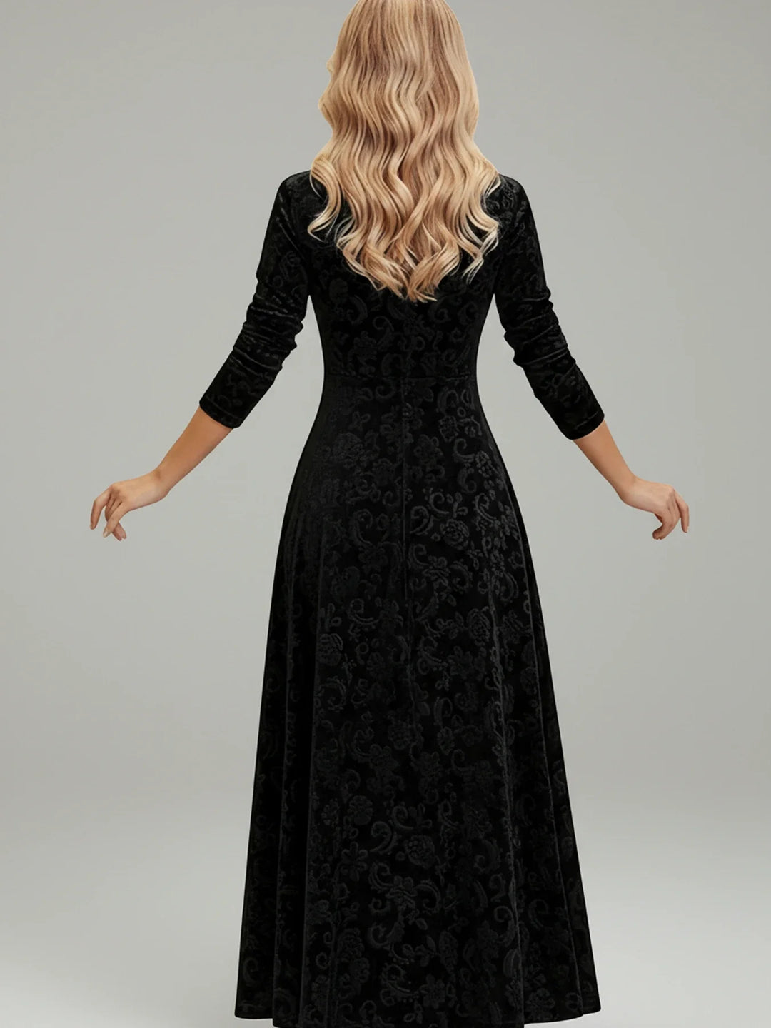 Stylish women's elegant A-line floral midi dress, designed with long sleeves & a square neck for versatile party wear.