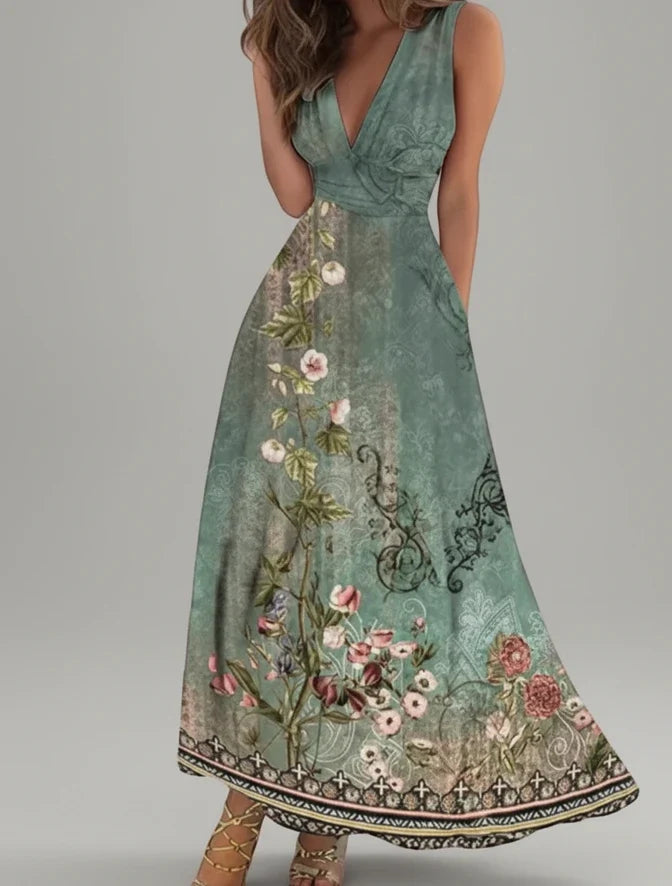 Women's floral V-neck A-line midi dress. Elegant sleeveless style perfect for summer, spring, and vacation.