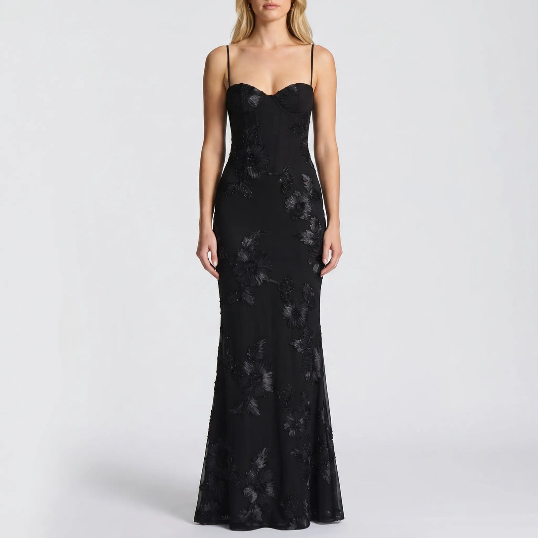 Stunning floral appliqué fitted maxi dress for women, an elegant choice for evening parties & special occasions.