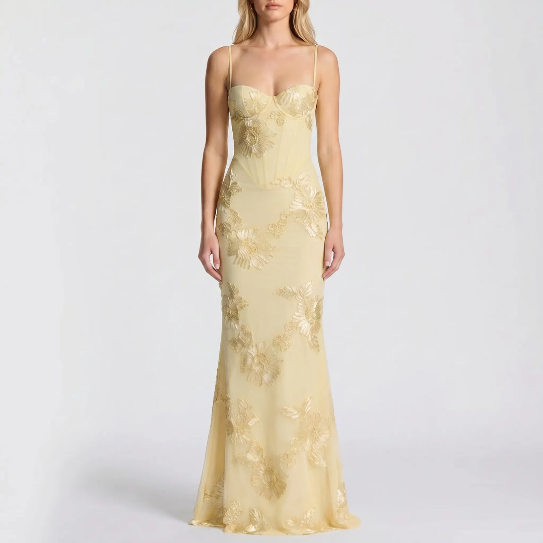 Sophisticated women's fitted floral appliqué maxi dress, designed as an elegant formal evening gown.