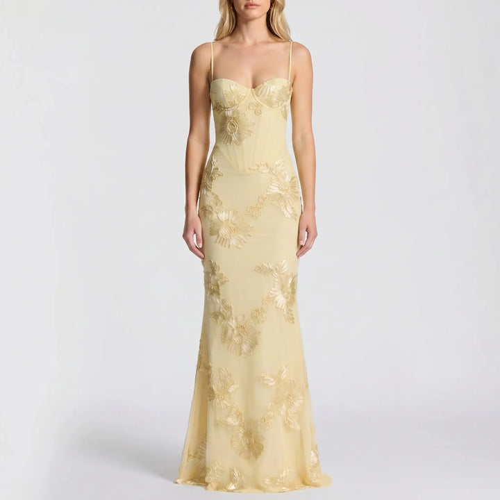 Sophisticated women's fitted floral appliqué maxi dress, designed as an elegant formal evening gown.