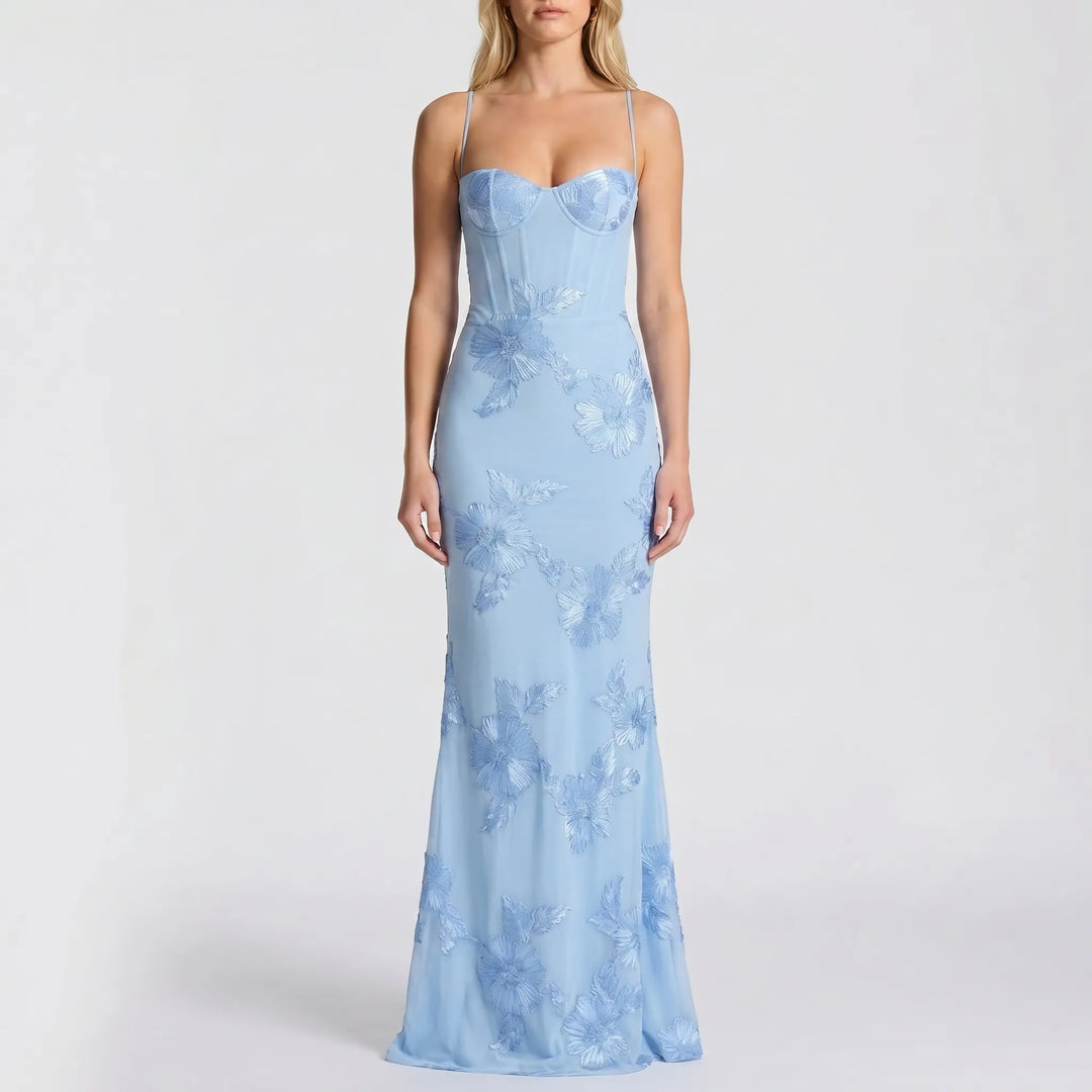 Long fitted floral appliqué spaghetti strap dress for women, an elegant choice for any special evening.