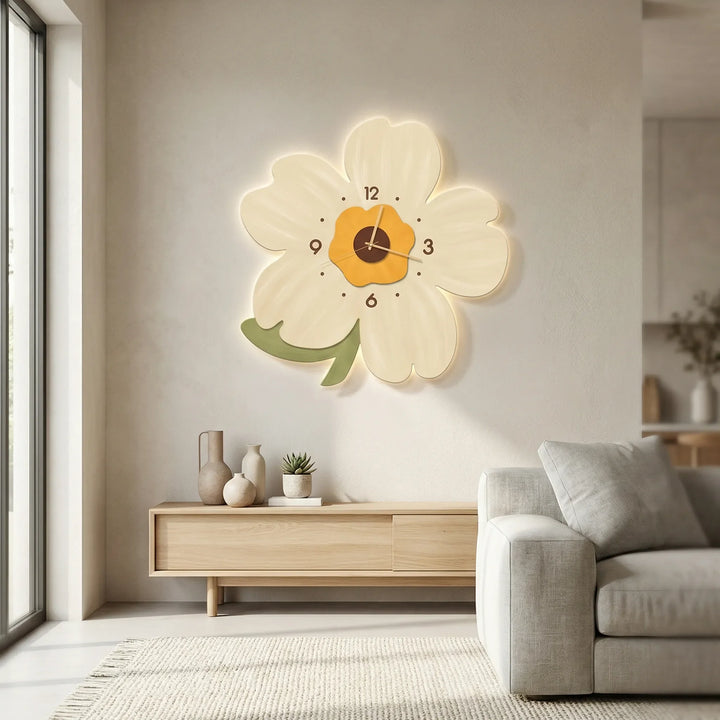 Decorative flower wall clock with intricate floral design, ideal for modern living room home decor.