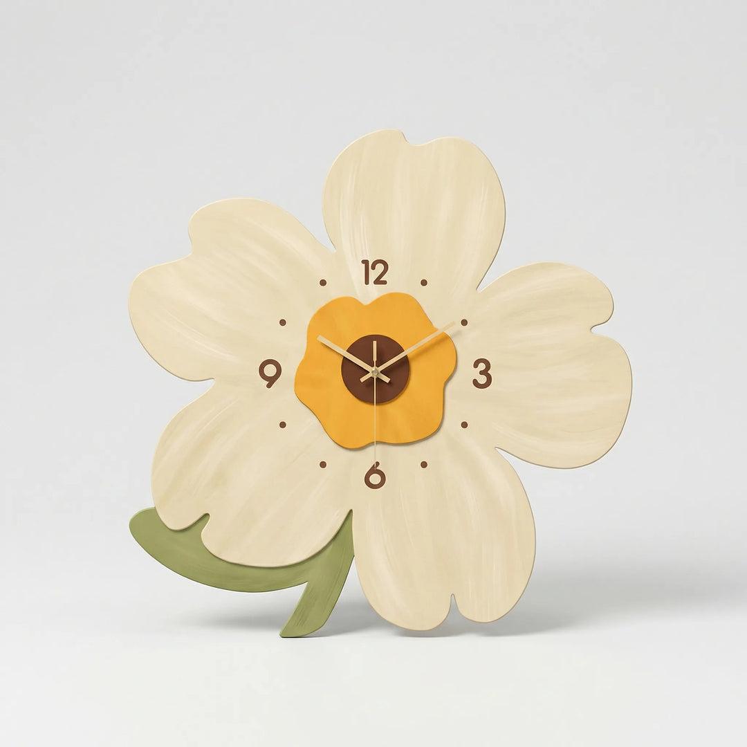 Modern flower wall clock showing silent movement, a stylish focal point for entryway or kitchen.