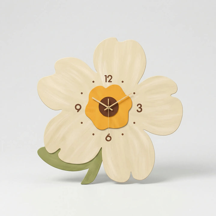 Modern flower wall clock showing silent movement, a stylish focal point for entryway or kitchen.