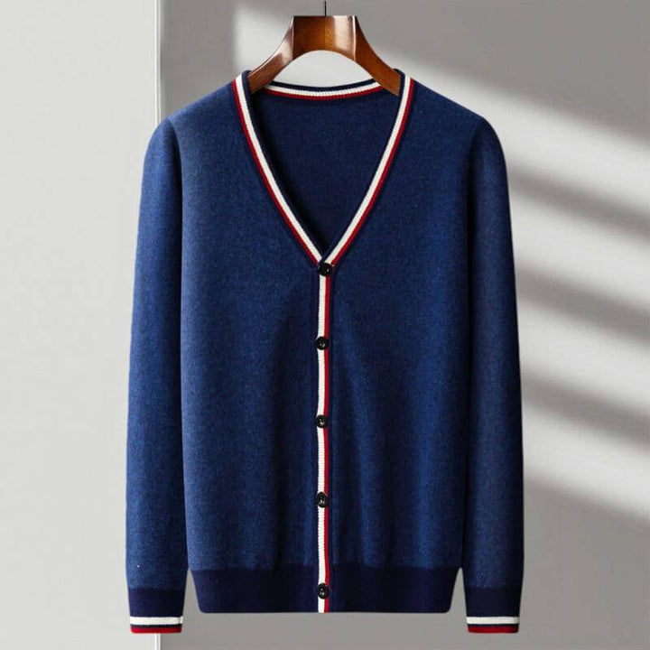 Deep blue and cream white striped V-neck cardigan for men, a classic fall sweater.