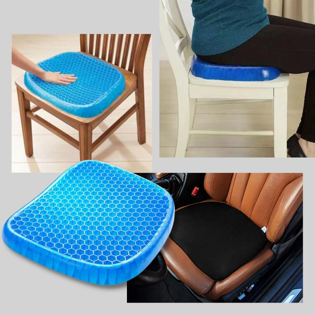 Cooling gel seat cushion with non-slip base, offering ergonomic support & pressure relief.