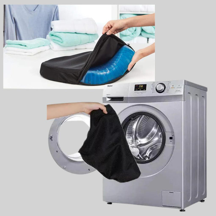 Premium gel seat cushion with washable cover, offering portable comfort & pressure relief.
