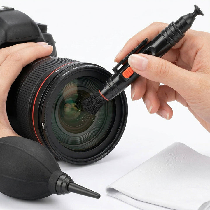 Unisex camera lens cleaning kit with dual-ended pen, air blower, and microfiber cloth for optical maintenance.