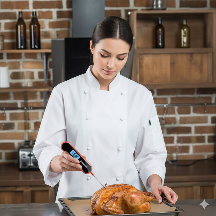 Easy-to-read digital instant meat thermometer for food safety in kitchen, grilling, baking. Accurate cooking tool.