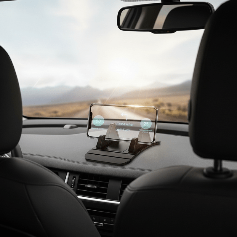 Reusable non-slip silicone car phone mount on a dashboard, holding a smartphone for hands-free calls & GPS navigation.