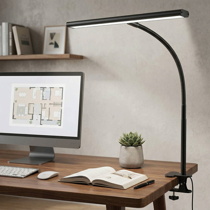Dimmable LED desk lamp with flexible gooseneck, precise color control for comfortable, customizable workspace.