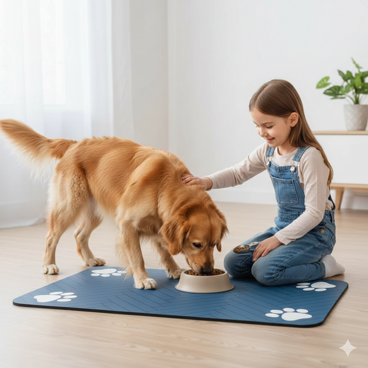 Non-slip pet feeding mat protects floors from spills. Ideal for dog & cat food & water bowls.