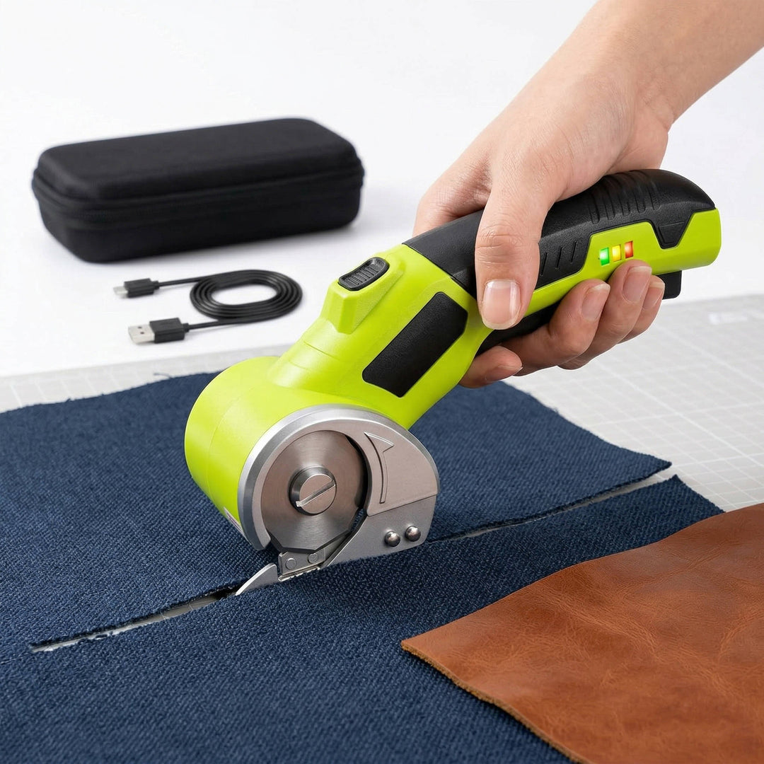 Cordless electric scissors with work light, perfect for cutting fabric, cardboard & crafts. Rechargeable & heavy duty.