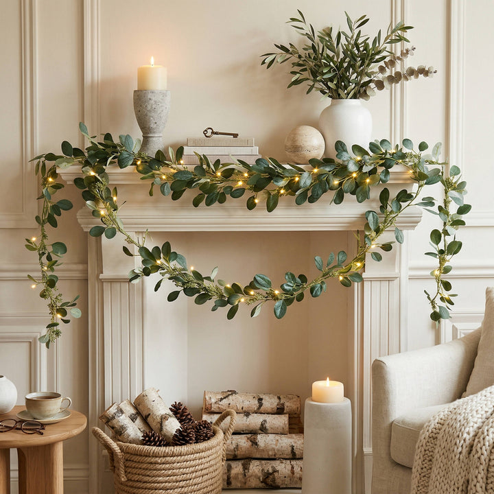 Artificial olive leaf LED garland for indoor & outdoor decor. Battery operated, flexible wire lights, greenery.