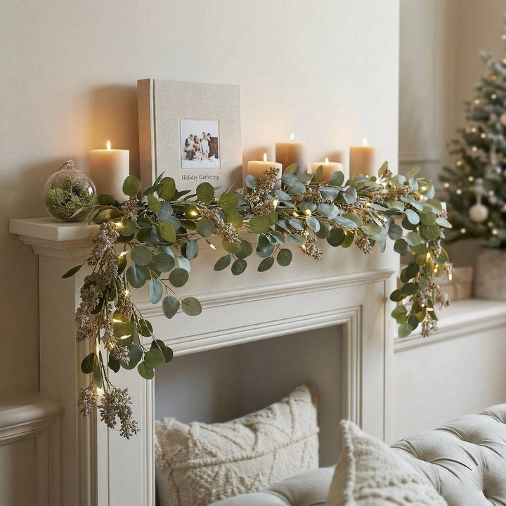 Versatile artificial olive LED light garland. Great for indoor, outdoor, home, and event decoration.
