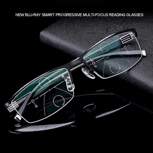 Unisex progressive reading glasses, adaptive for various distances, with blue light & UV protection.