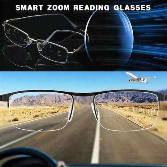 Adaptive multi-focus reading glasses with blue light protection for men & women. Anti-glare eyewear.