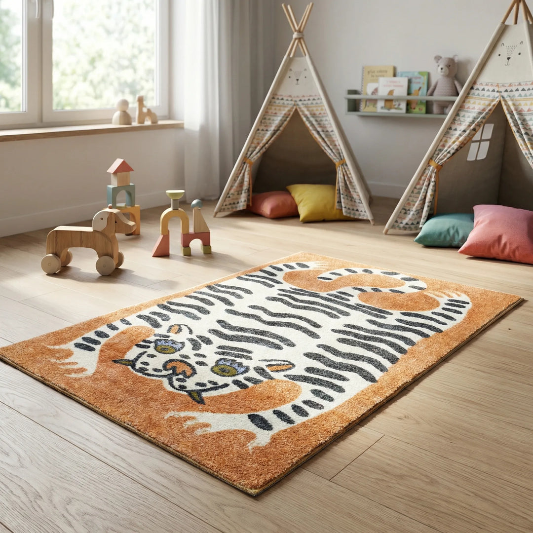 Playful animal print area rug for kids' rooms, featuring wavy tiger stripes. Colorful & low pile.