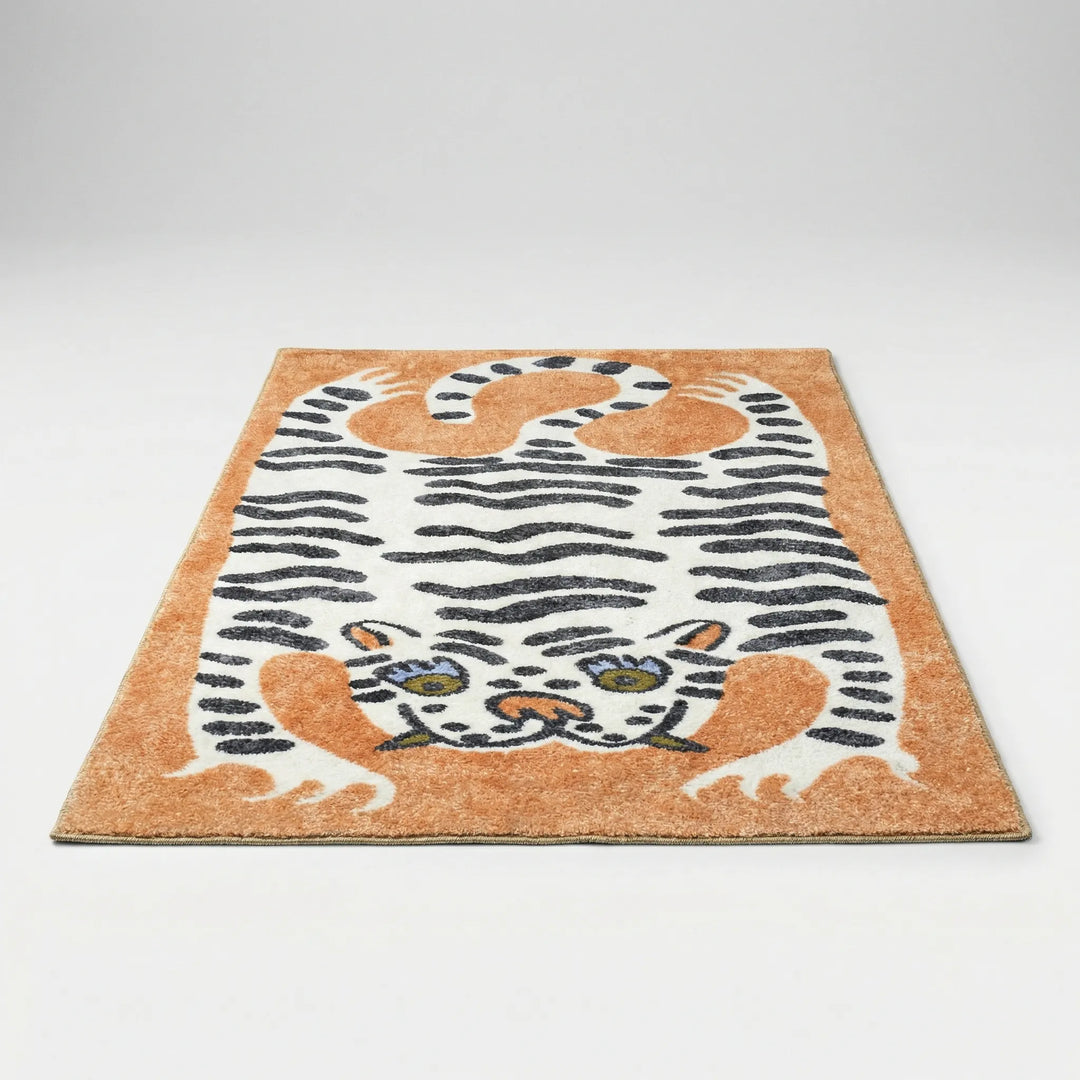 Washable tiger print area rug with a vibrant, playful design, perfect for a child's playroom.