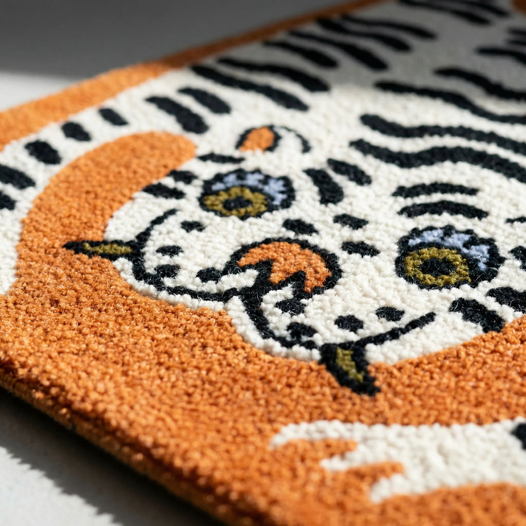 Statement graphic area rug with a unique tiger print and waves, ideal for kids' room decor.