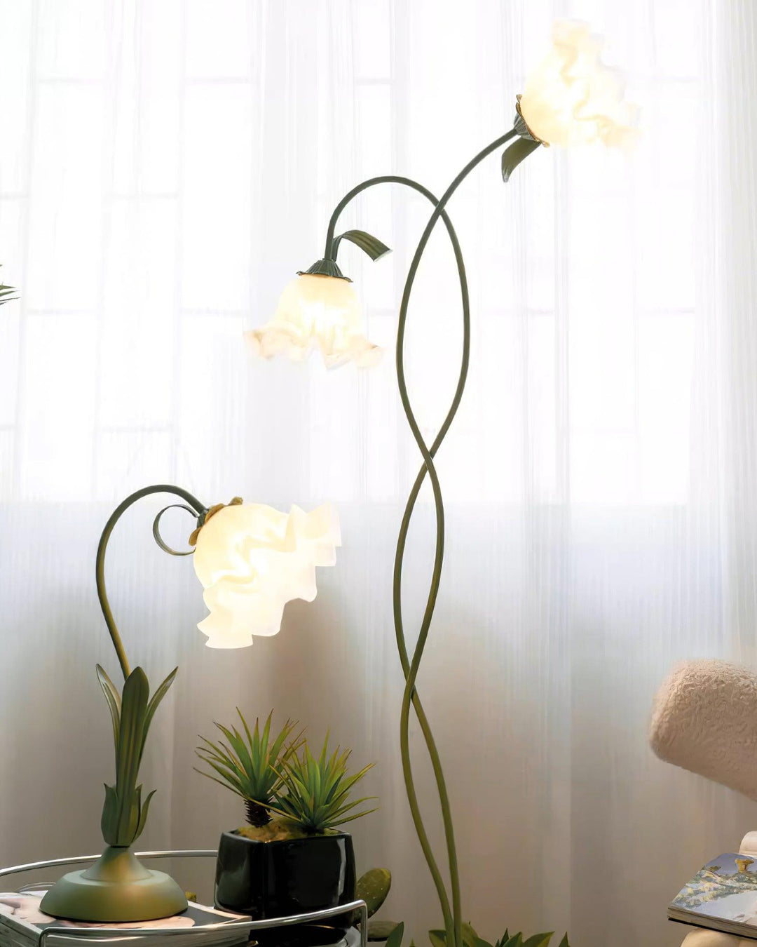 Floor lamp: Green botanical, vibrant floral details, modern design with white shade.