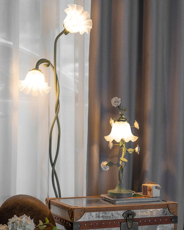Stylish green floral floor lamp, white shade, perfect for modern home decor lighting.