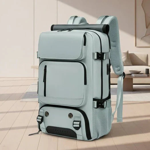 Unisex large waterproof travel backpack with USB charging port, perfect for men & women adventurers.