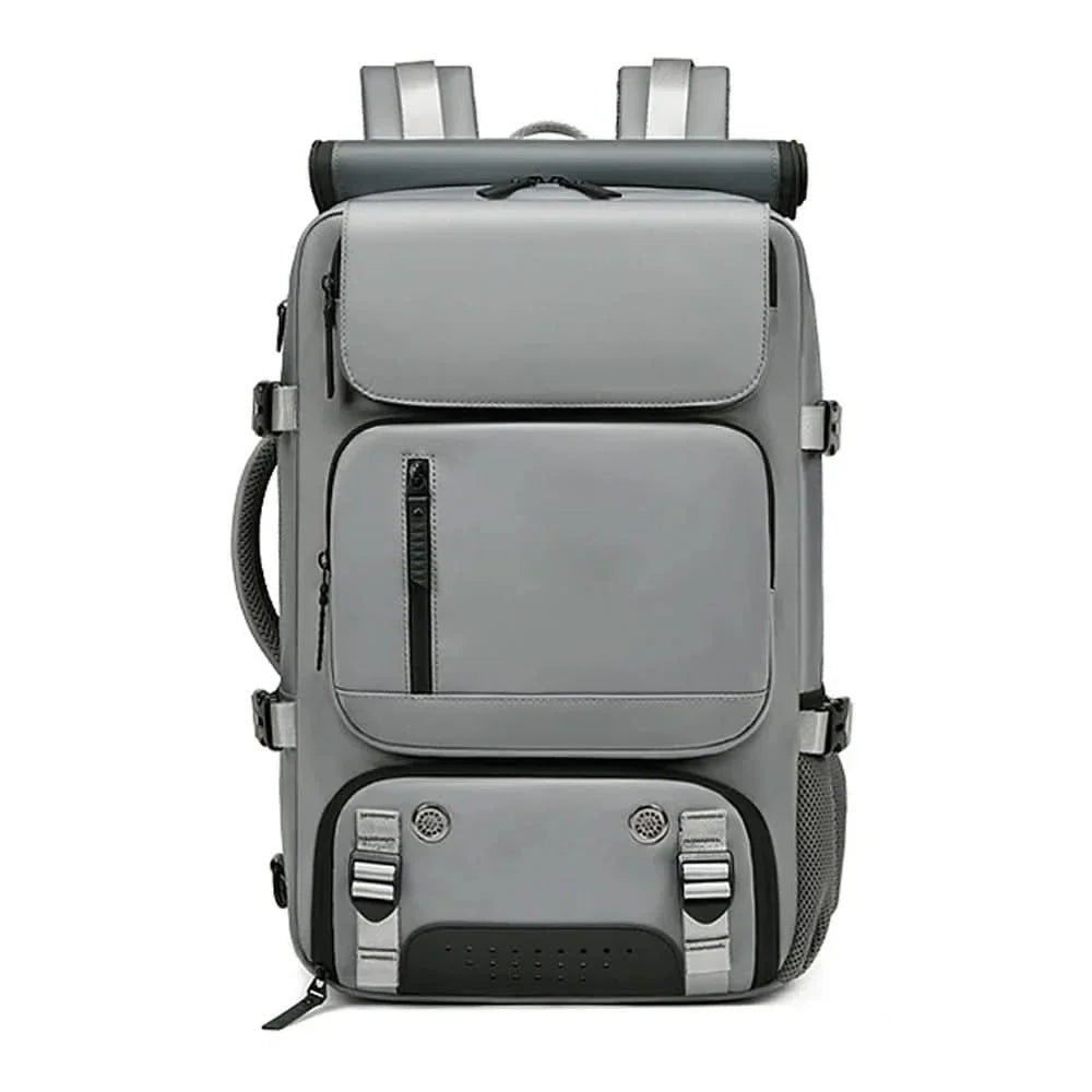 Large expandable waterproof travel backpack, carry-on friendly with USB port & ample space for extra gear.