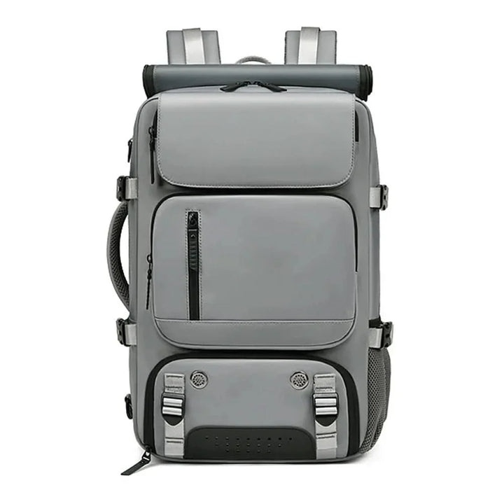 Large expandable waterproof travel backpack, carry-on friendly with USB port & ample space for extra gear.