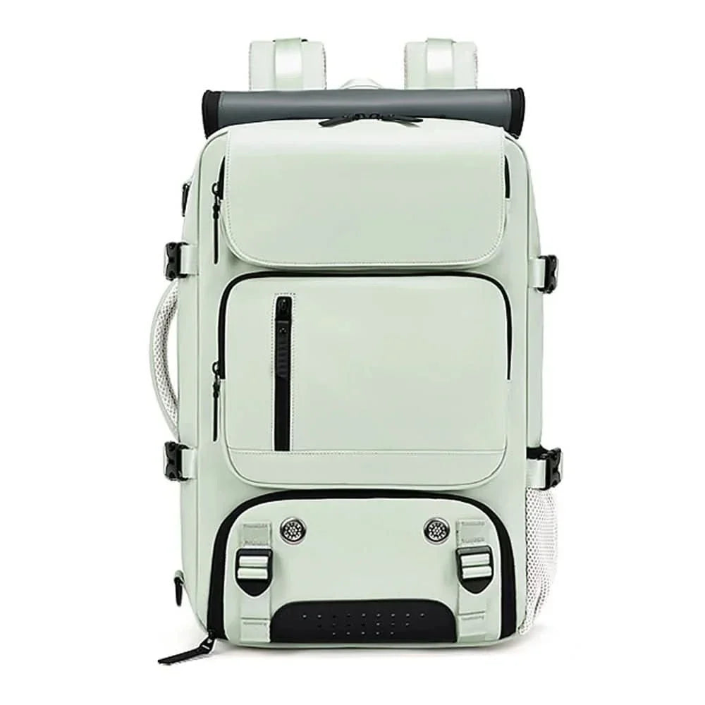 Sleek black waterproof travel backpack with comfortable straps, USB port & modern design for stylish travelers.