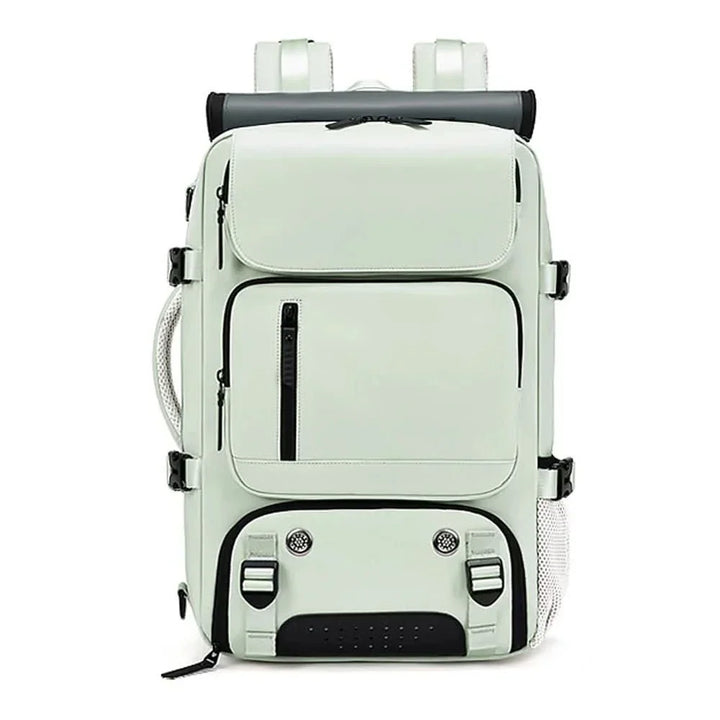 Sleek black waterproof travel backpack with comfortable straps, USB port & modern design for stylish travelers.