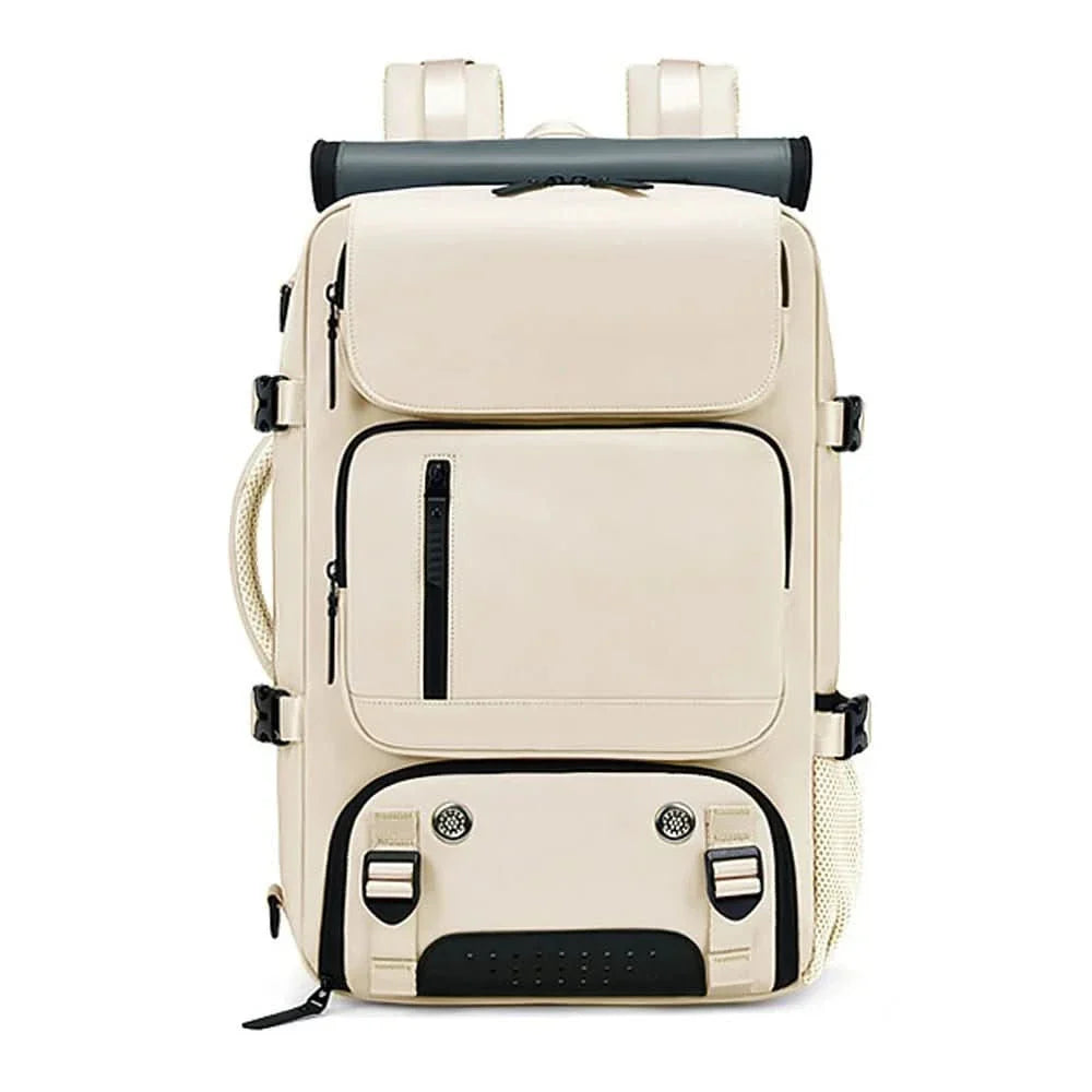 Unisex carry-on waterproof travel backpack with USB port, laptop sleeve, shoe compartment & anti-theft features.